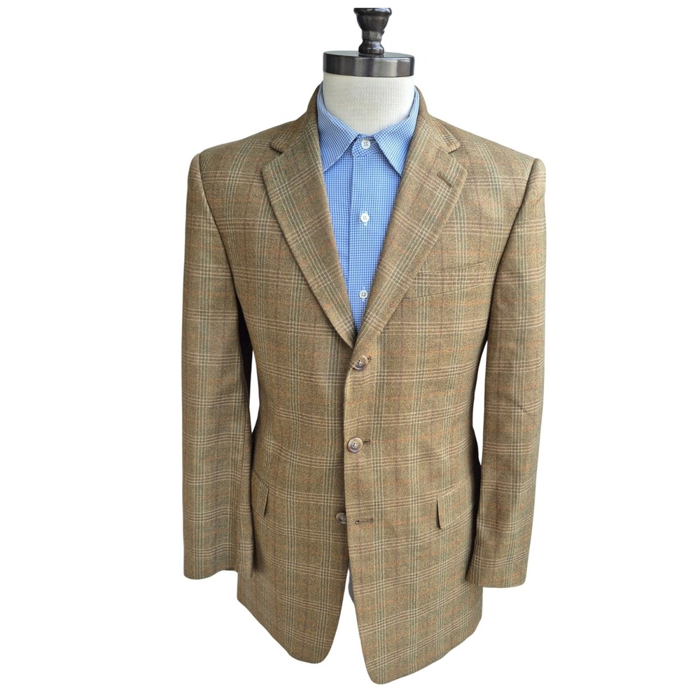 Hart Schaffner Marx Mens Gold Olive Brown Plaid Blazer Sport Coat USA Tan 40 R